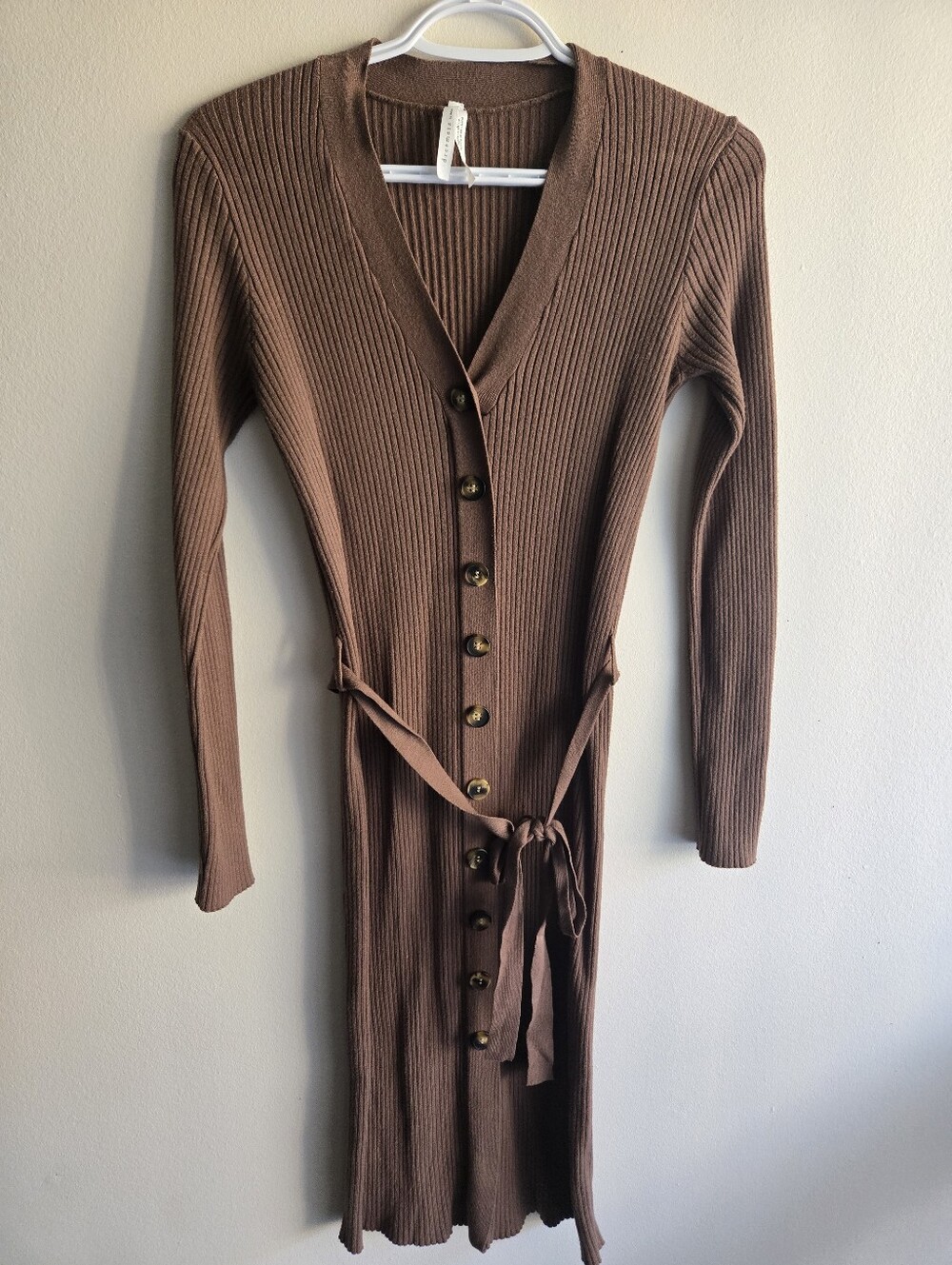 Dreamers Chocolate Brown Ribbed Long Sleeve Dress with Tie